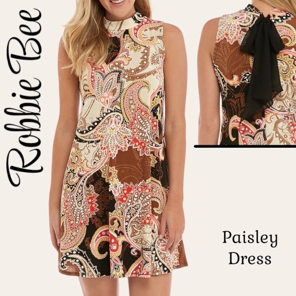 ROBBIE BEE Paisley Mock-Neck Back-Ribbon Tie Sleeveless A-line Dress